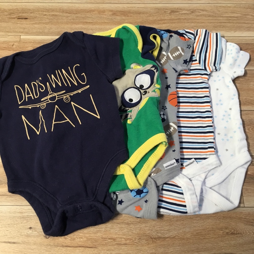 5 0-3 Months Onesies Lot Short Sleeve Snap Dads Wingman Airplane Sports Balls